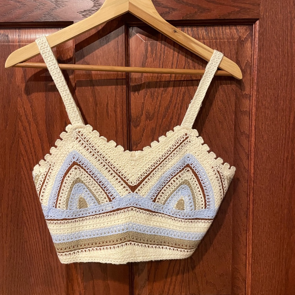 Crochet Patterned Top in Cream and Blue